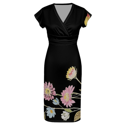 Black Floral Cap Sleeve V-Neck Midi Dress DHLN935