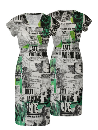 Green Newspaper Cap Sleeve V-Neck Midi Dress