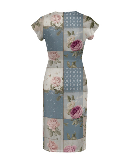 Vintage Dusty Blue Rose Patchwork Cap Sleeve V-Neck Midi Dress IUO0113