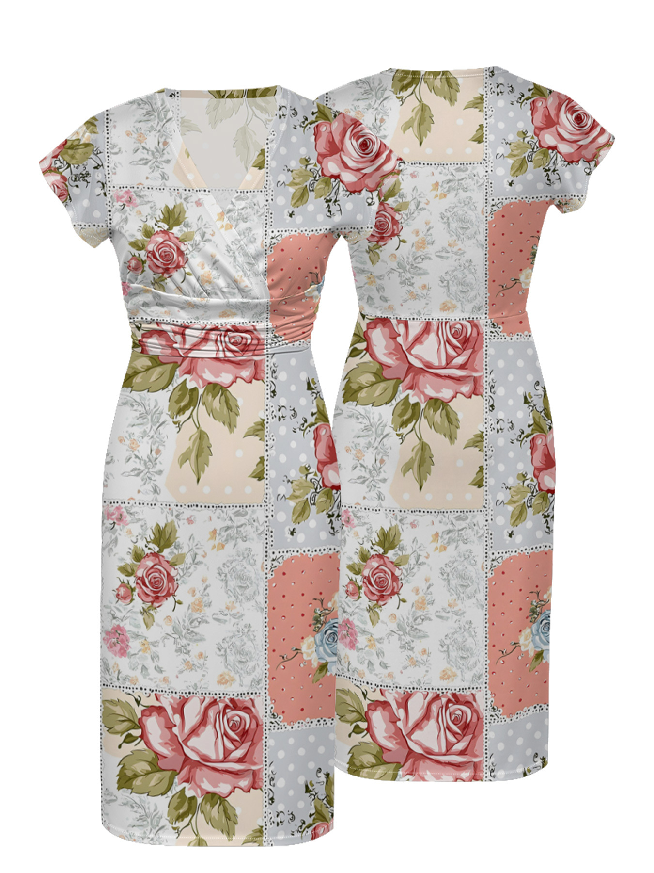 Romantic Rose Patchwork Wrap Cap Sleeve V-Neck Midi Dress IUO6821