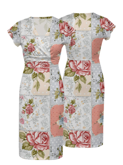 Romantic Rose Patchwork Wrap Cap Sleeve V-Neck Midi Dress IUO6821