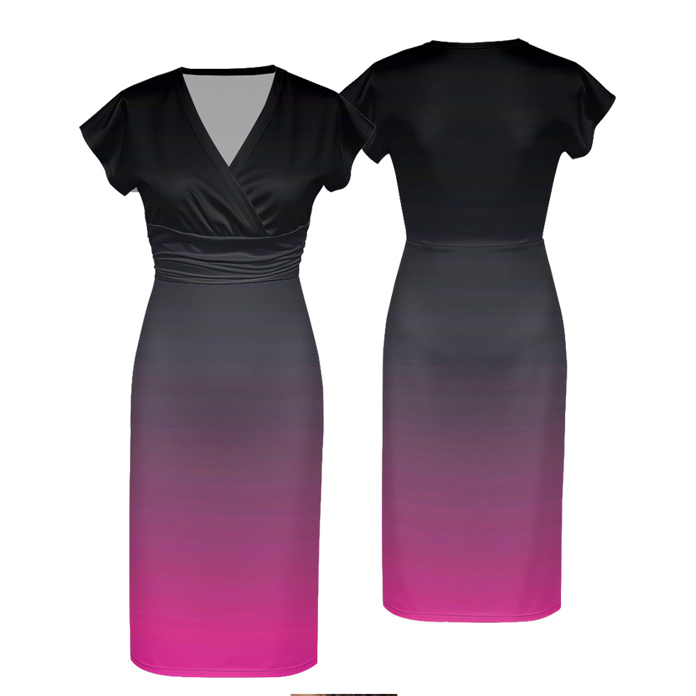 Black to Pink Ombre Cap Sleeve V-Neck Midi Dress BEH741