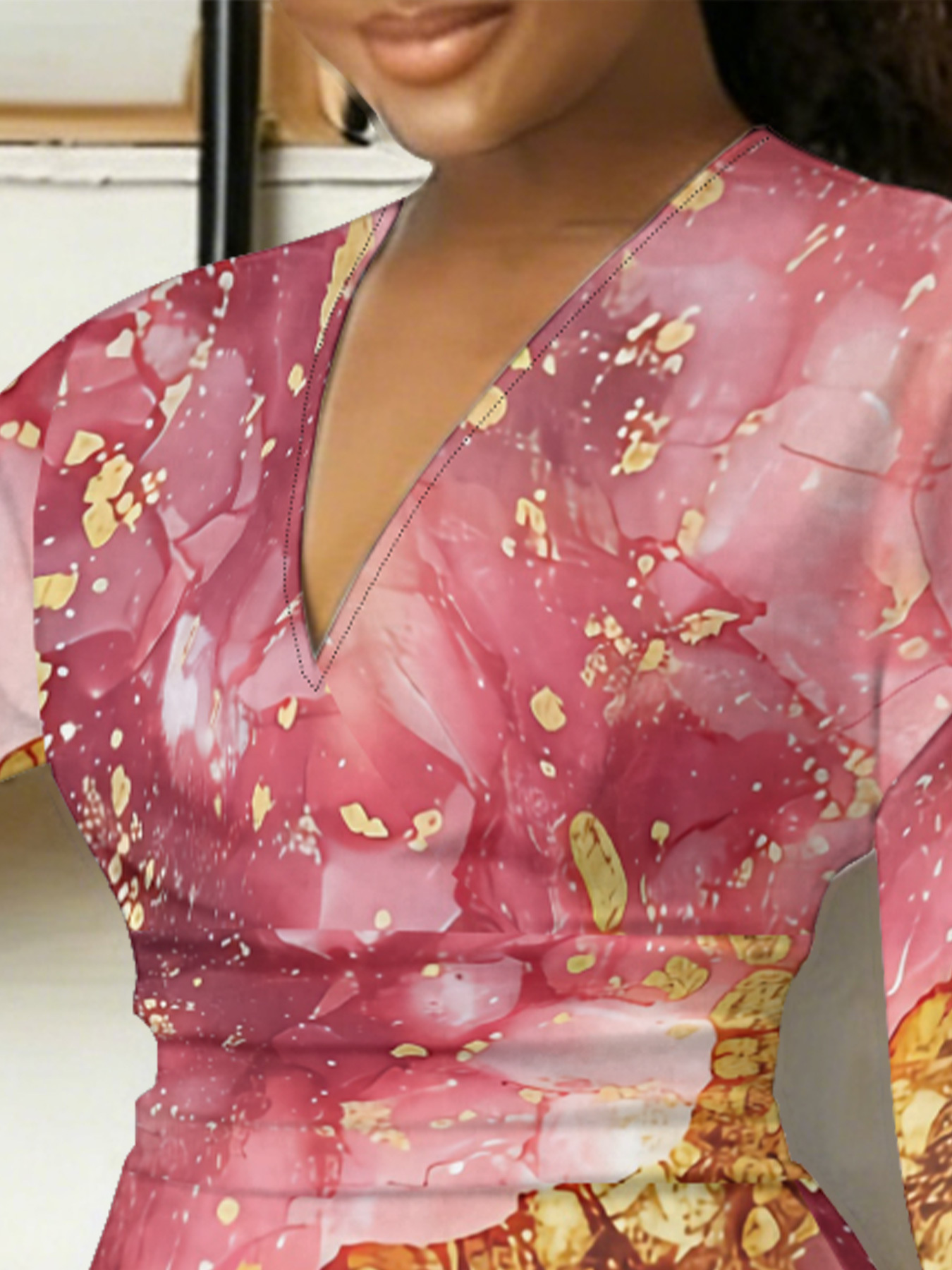 Pink & Gold Marble V-Neck Bodycon Midi Dress