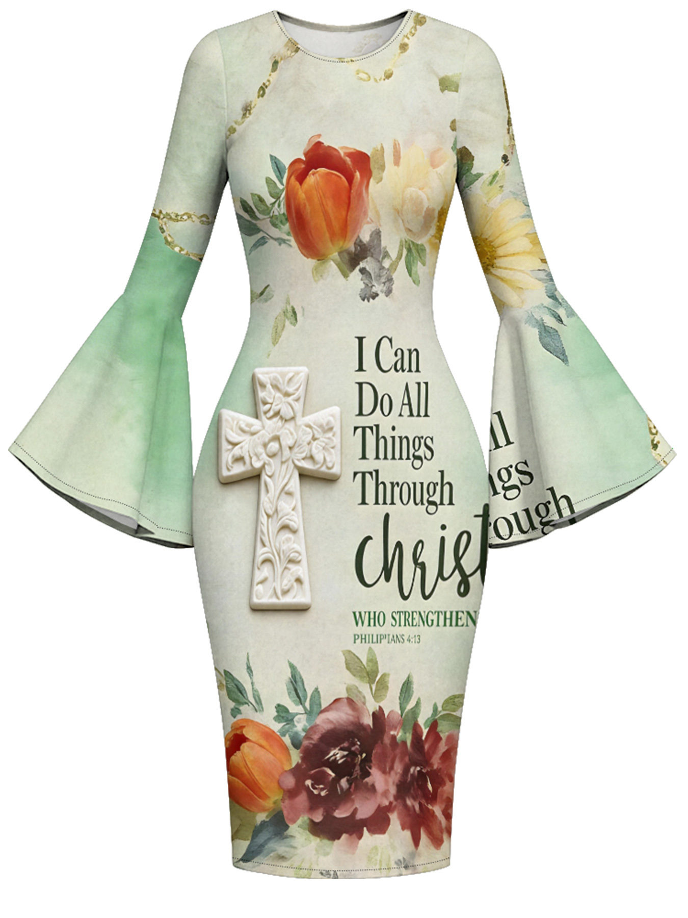 Sage Green Vintage Cross Easter Flare Sleeve Bodycon Midi Dress