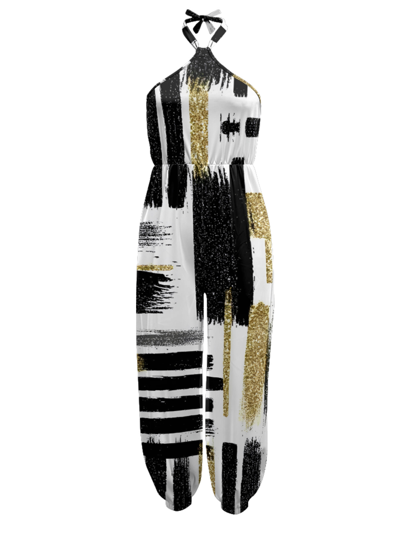 Black Gold Brushstroke Sleeveless Halter Jumpsuit