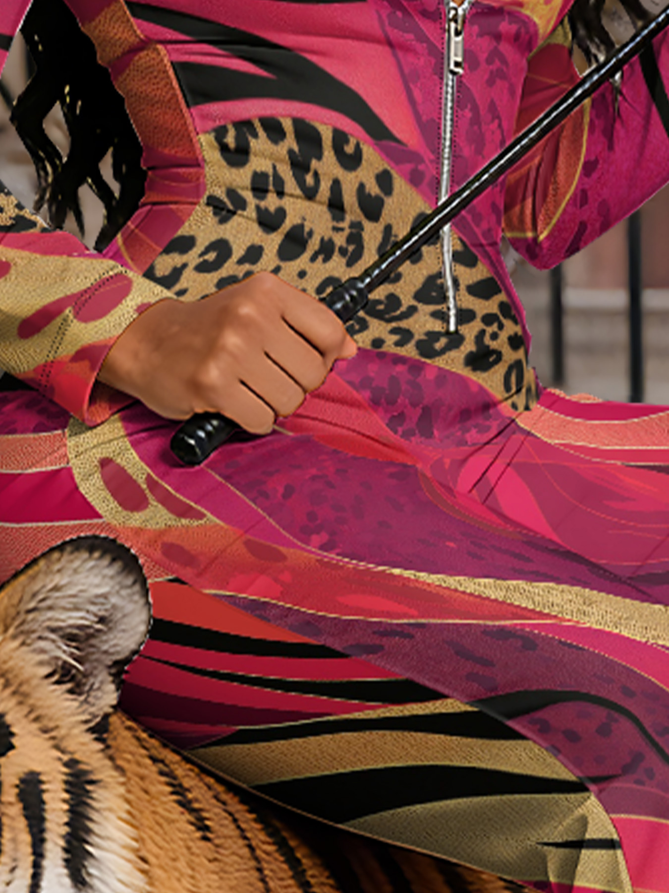 Pink & Orange Leopard Stripe Long Sleeve Zip-Up Jumpsuit 