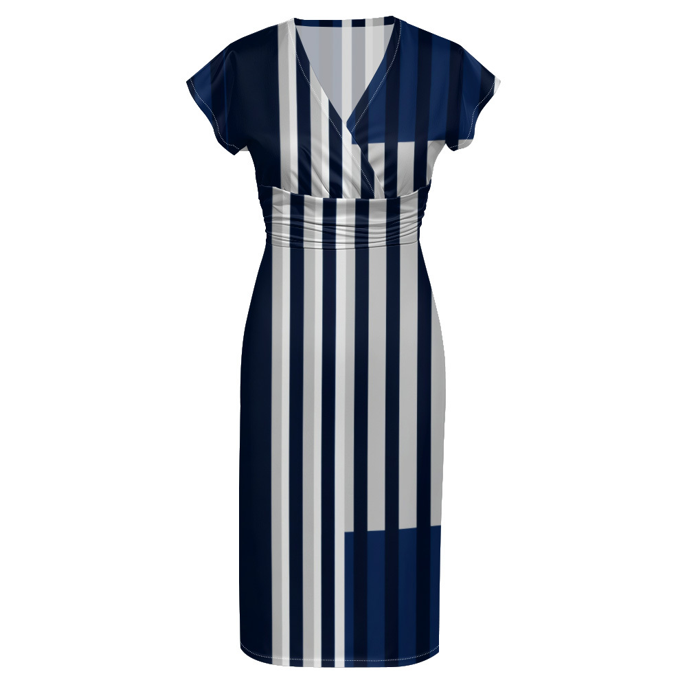 Navy Blue & White Striped Cap Sleeve V-Neck Midi Dress ABF126