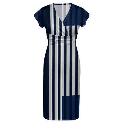 Navy Blue & White Striped Cap Sleeve V-Neck Midi Dress ABF126