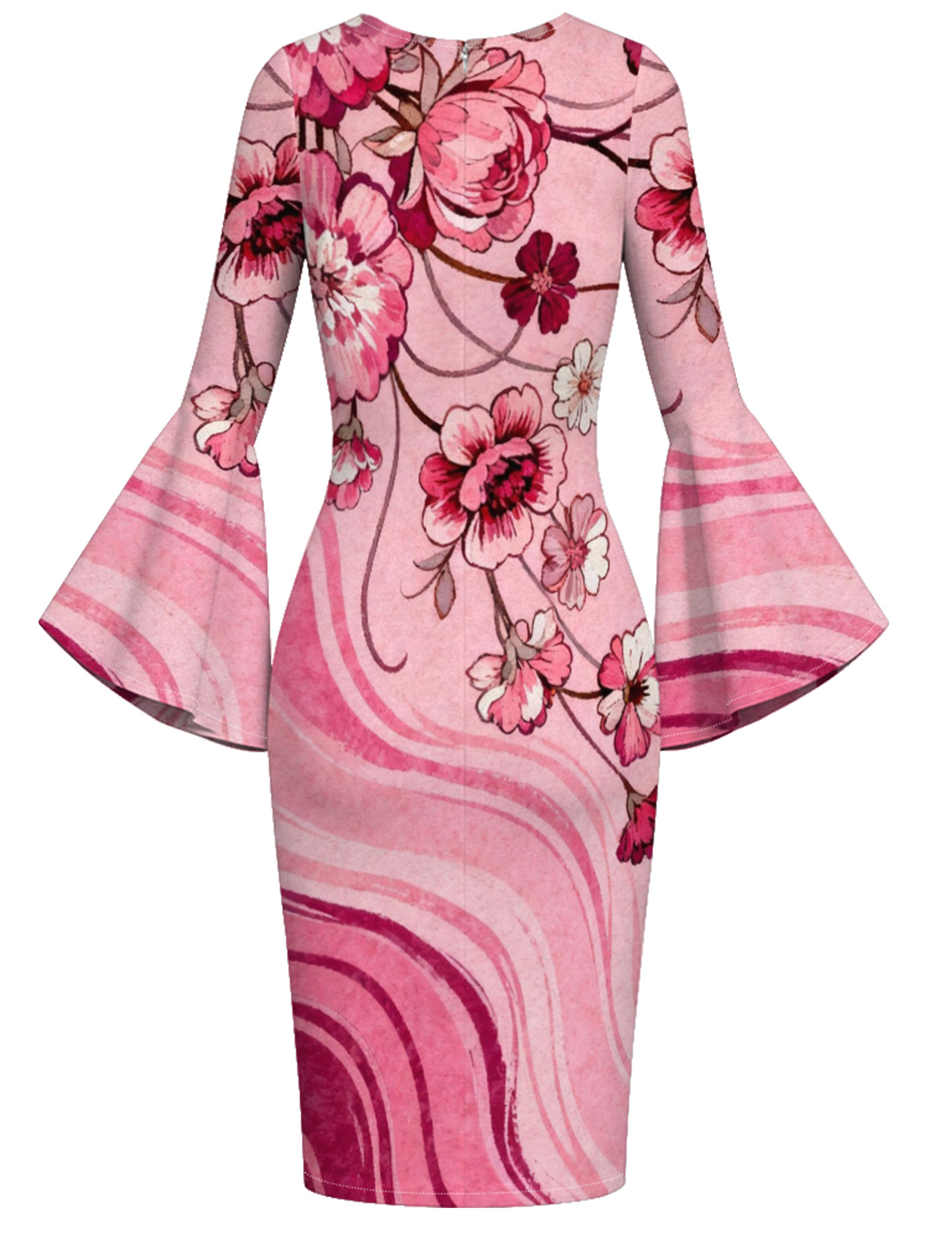 Pink Floral Wave Flare Sleeve Bodycon Midi Dress