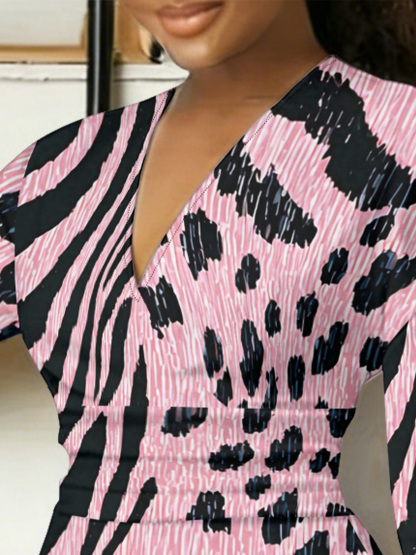 Pink Zebra Leopard V-Neck Bodycon Midi Dress VUT753