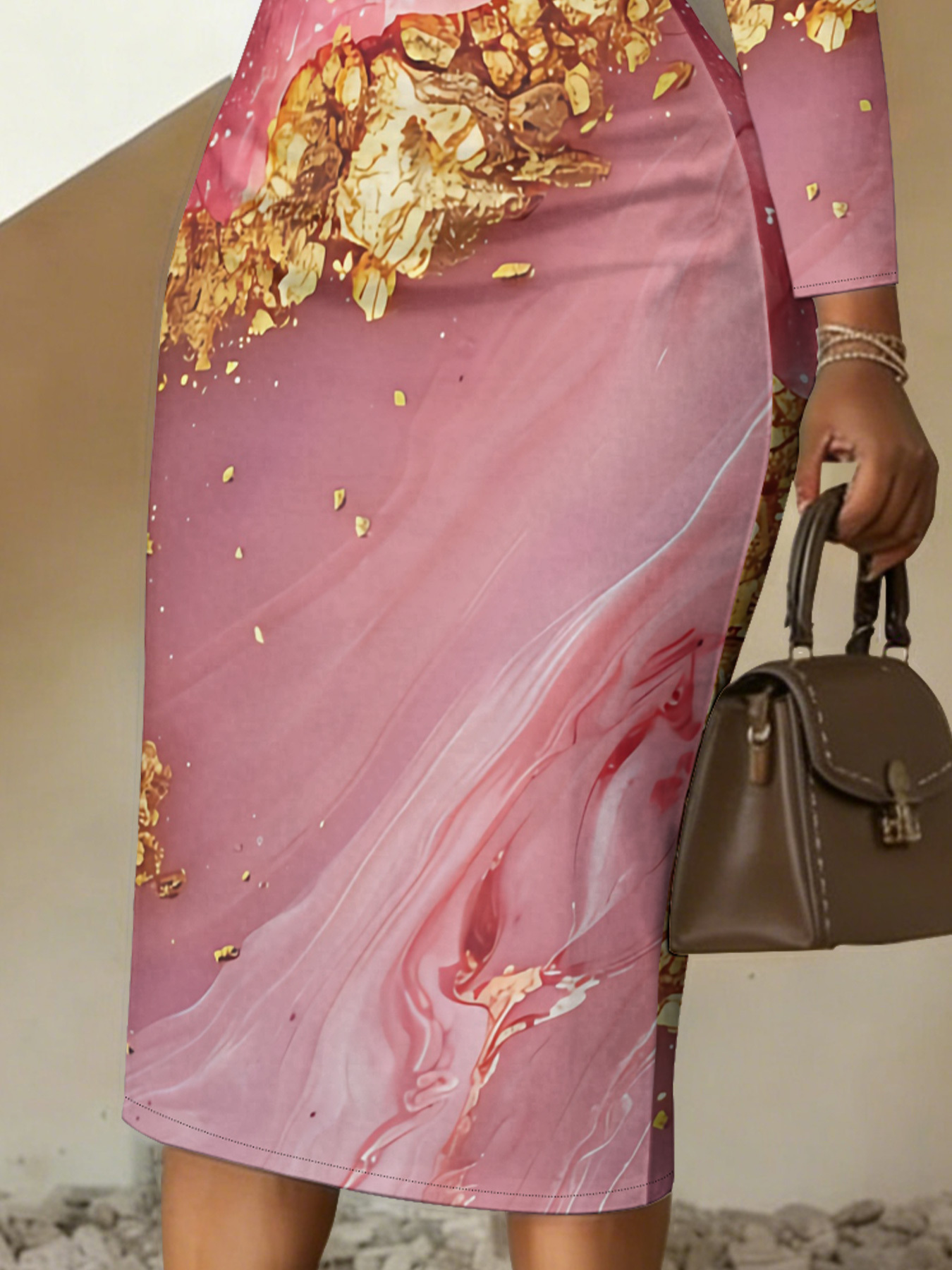 Pink & Gold Marble V-Neck Bodycon Midi Dress