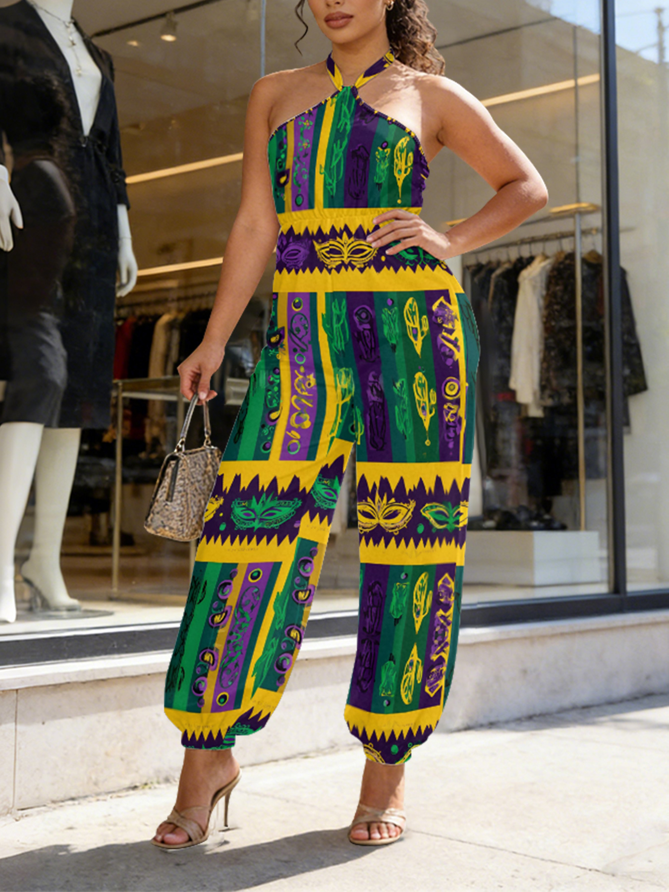 Mardi Gras Stripe Sleeveless Halter Jumpsuit