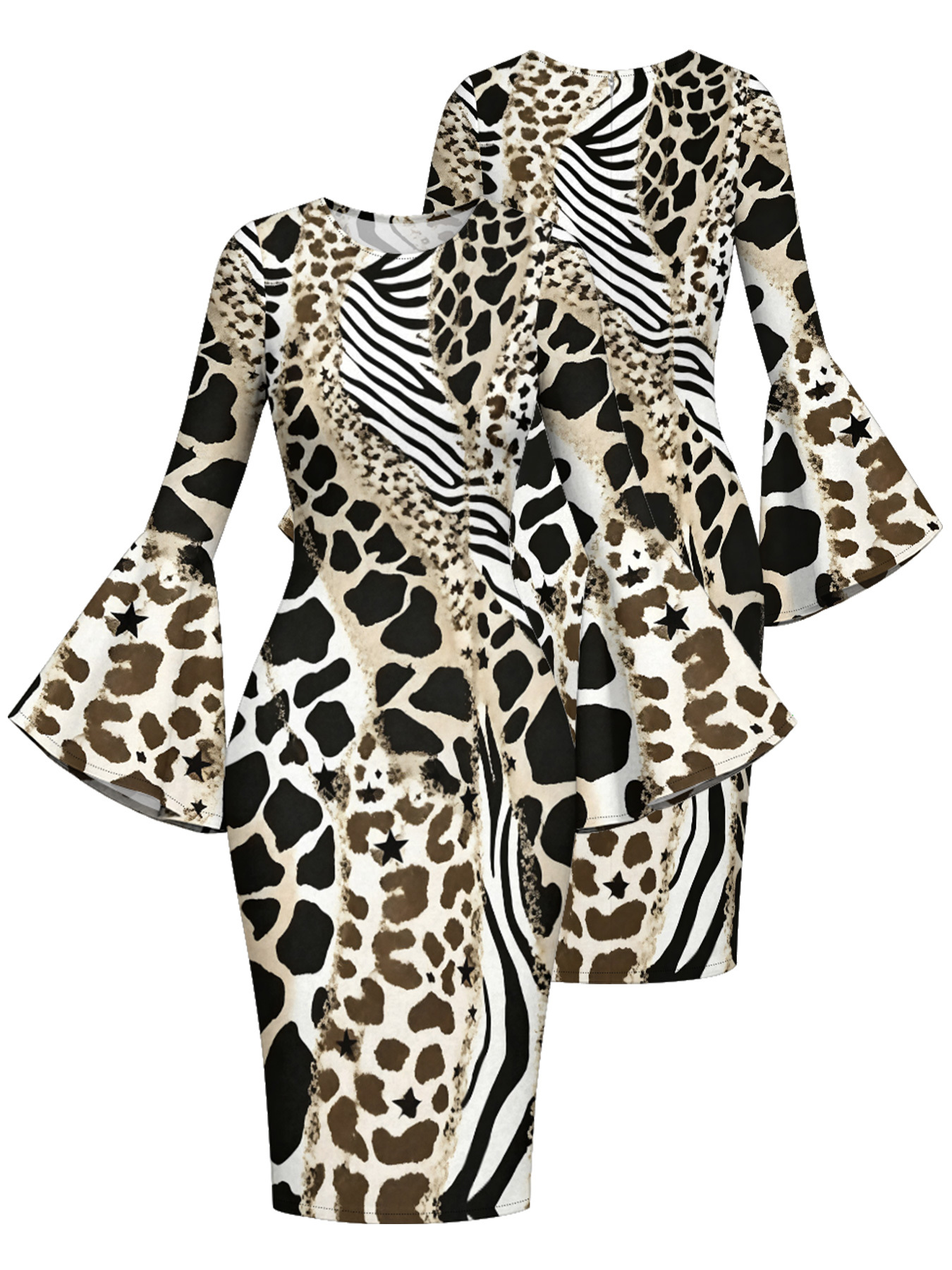 Neutral Mixed Animal Print Bell Flare Sleeve Bodycon Midi Dress