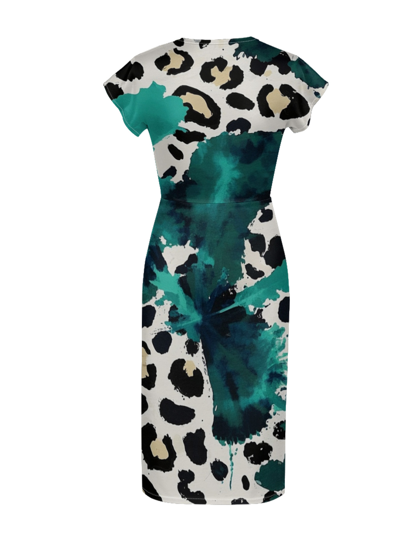 Teal & White Watercolor Cap Sleeve V-Neck Midi Dress IUYU678