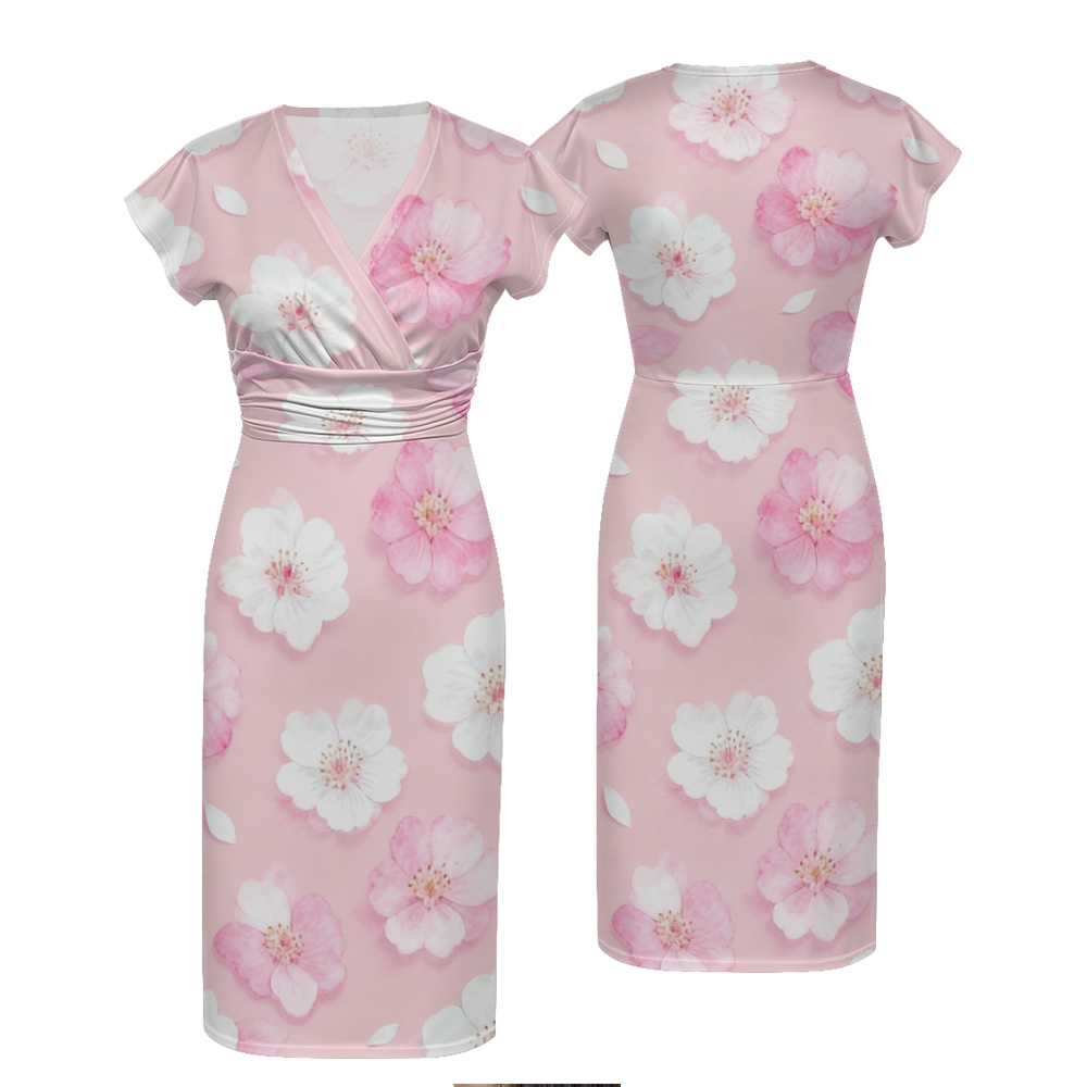 Pink Floral Cap Sleeve V-Neck Midi Dress HMQX364