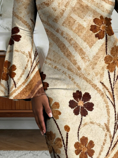 Beige Chevron Floral Flare Sleeve Bodycon Midi Dress ZYW731