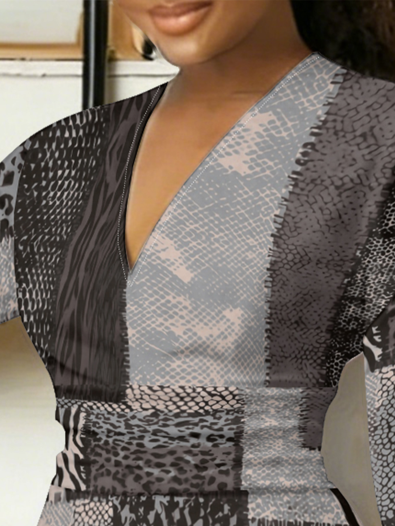 Grey & Black Patchwork Animal V-Neck Bodycon Midi Dress SGV5193