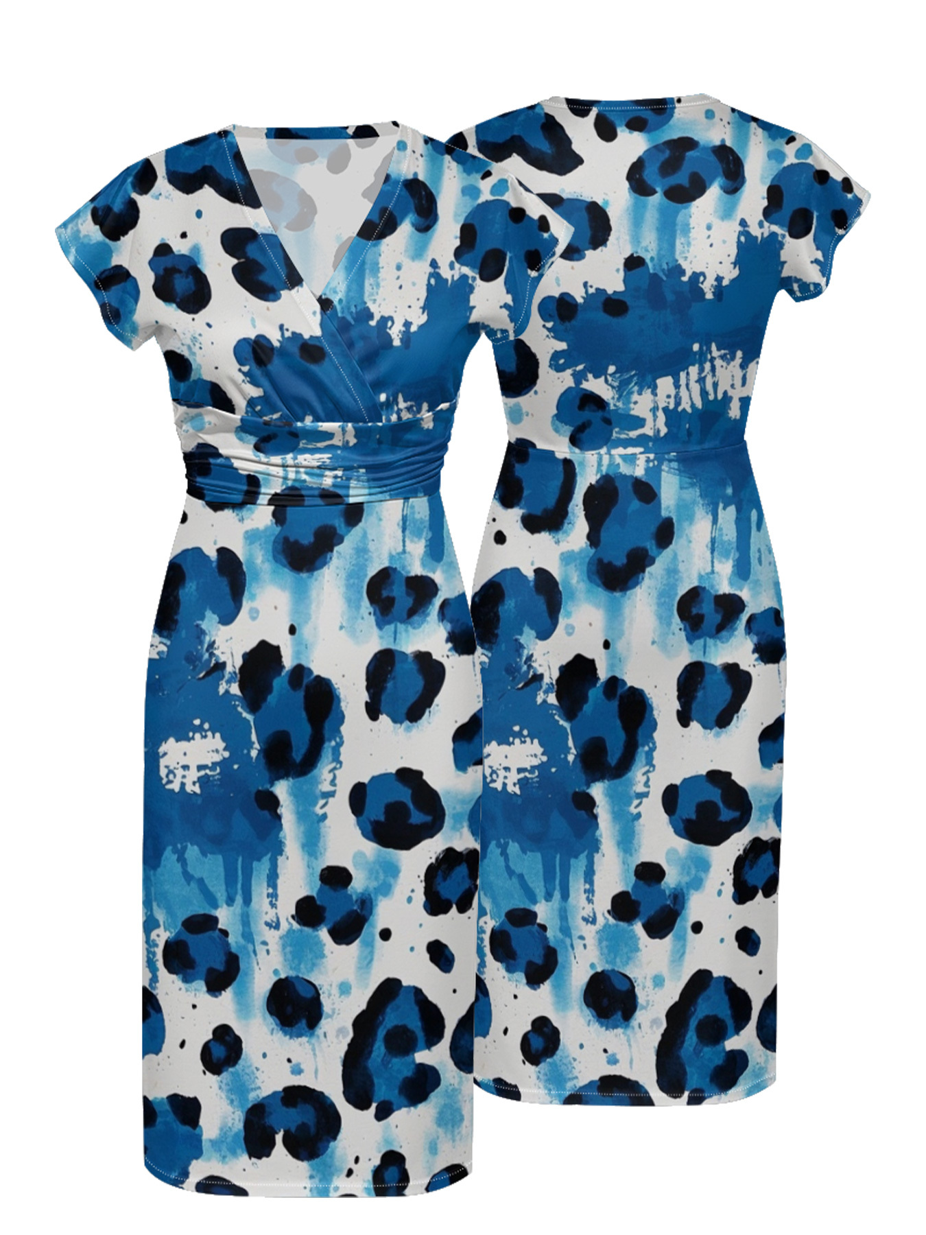 Blue & White Watercolor Cap Sleeve V-Neck Midi Dress MPH879