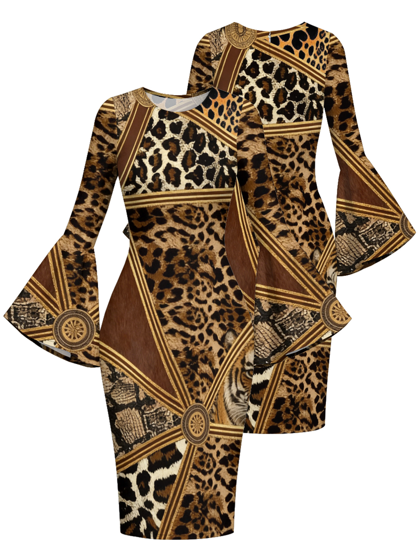 Leopard & Tribal Patchwork Flare Sleeve Bodycon Midi Dress