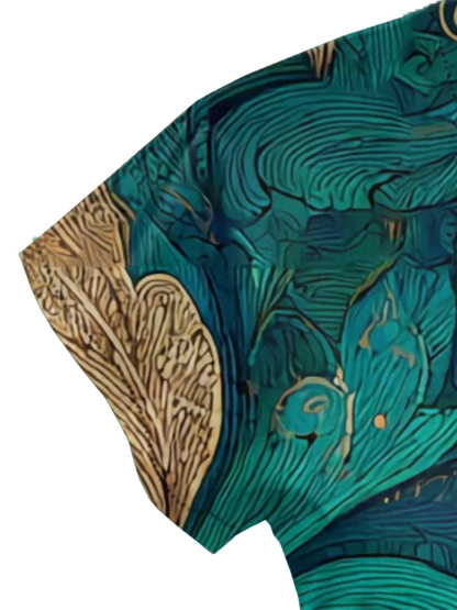 Teal & Gold Botanical Cap Sleeve V-Neck Midi Dress