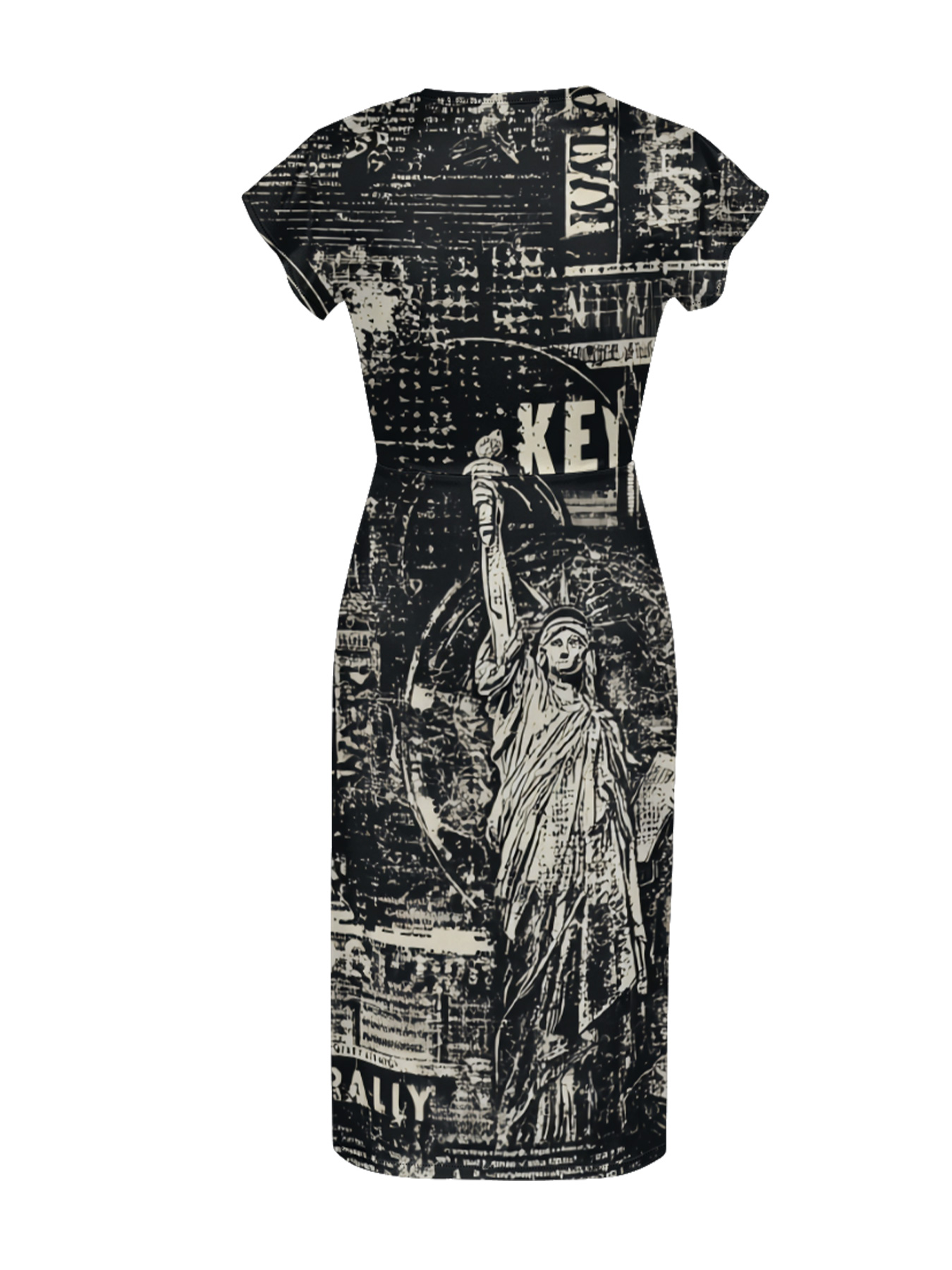 Statue of Liberty Newspaper Cap Sleeve V-Neck Midi Dress