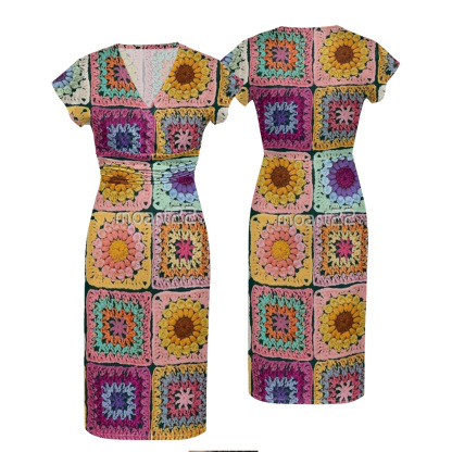 Crochet Granny Square Stripe Striped Cap Sleeve V-Neck Midi Dress ADE146