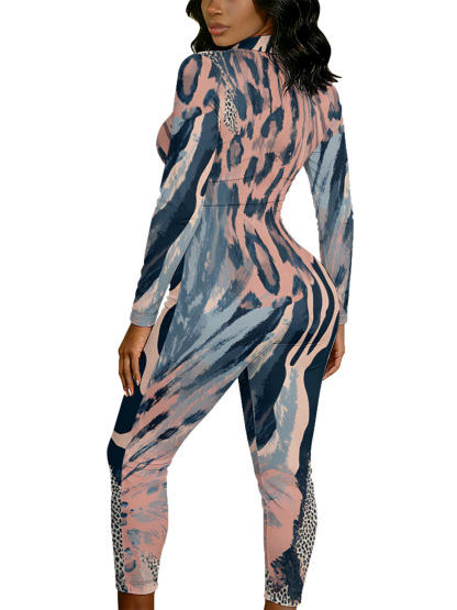 Exotic Abstract Animal Long Sleeve Zip-Up Jumpsuit 