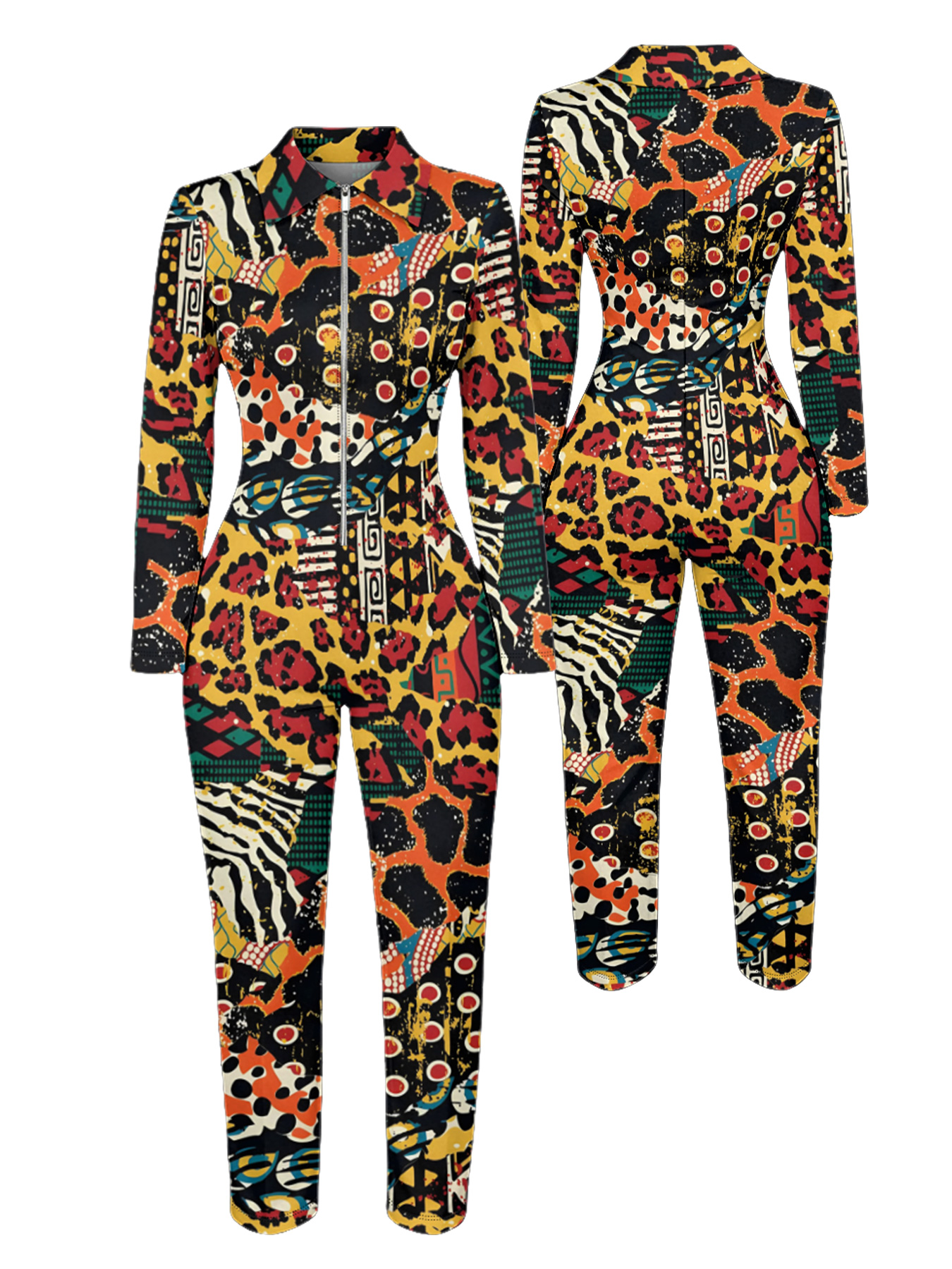 Multicolor Tribal Animal Long Sleeve Zip-Up Jumpsuit 