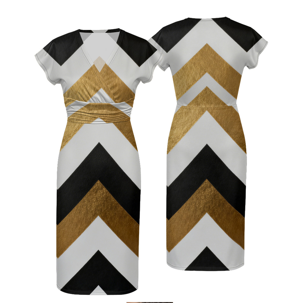 Gold Black White Chevron Cap Sleeve V-Neck Midi Dress ABE125
