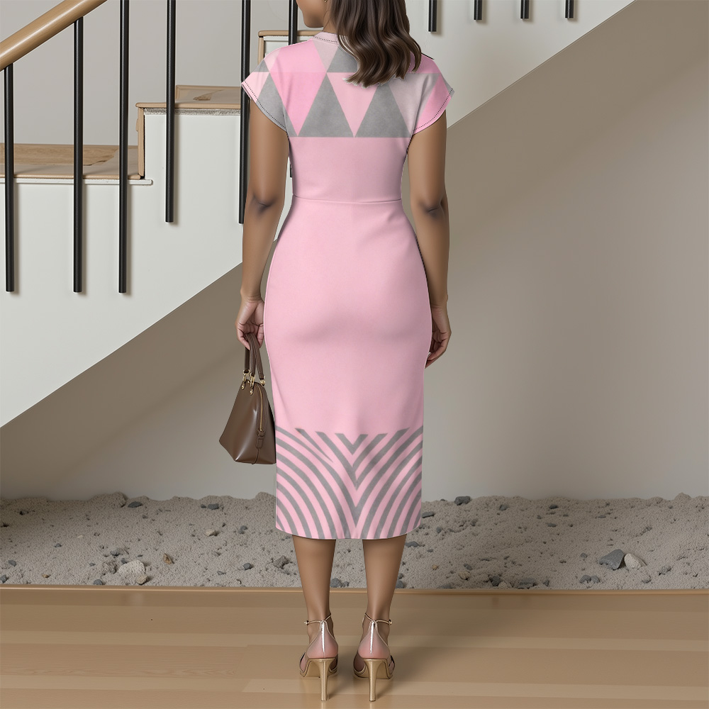 Pink & Gray Geometric Cap Sleeve V-Neck Midi Dress WUT784