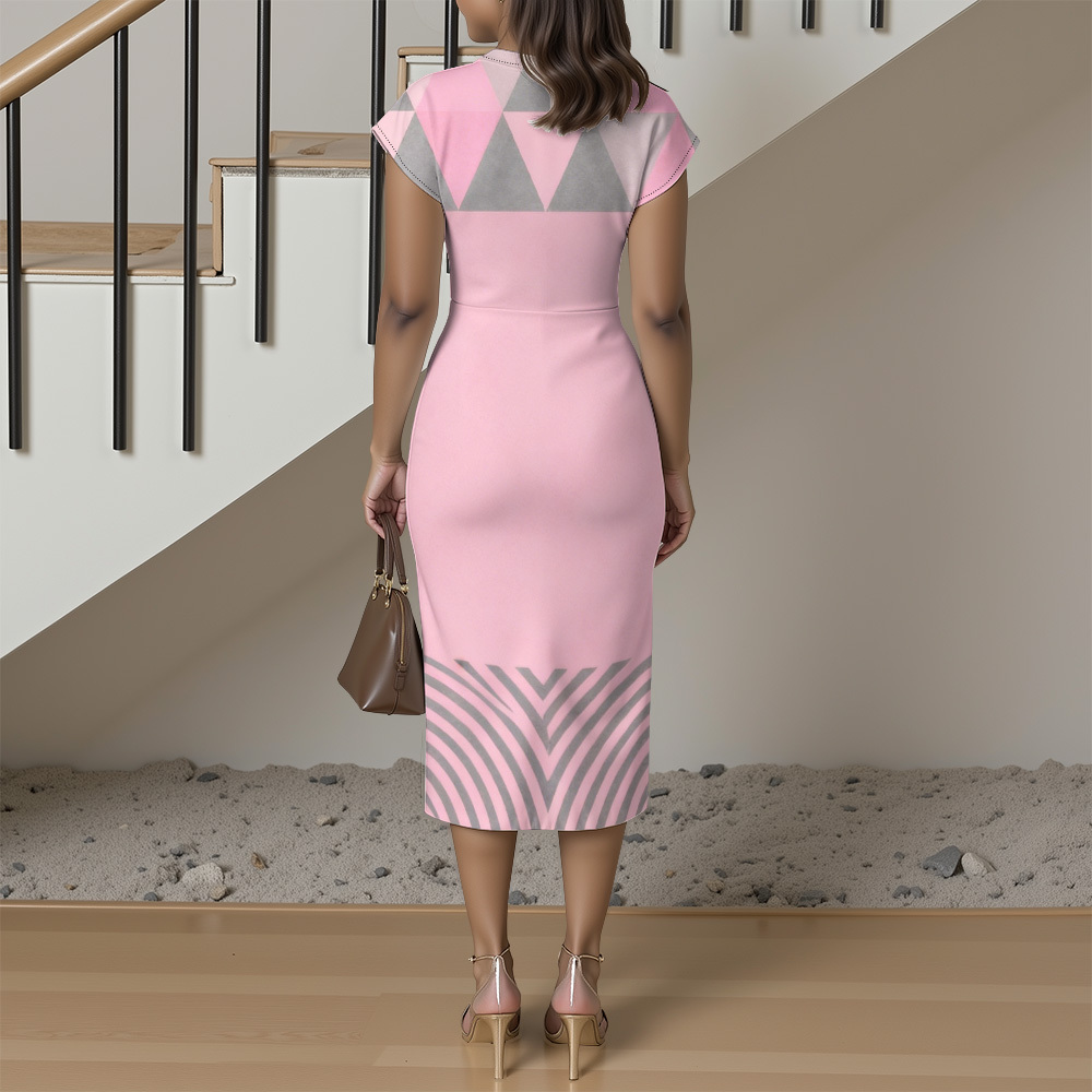 Pink & Gray Geometric Cap Sleeve V-Neck Midi Dress WUT784