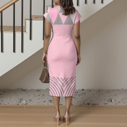 Pink & Gray Geometric Cap Sleeve V-Neck Midi Dress WUT784