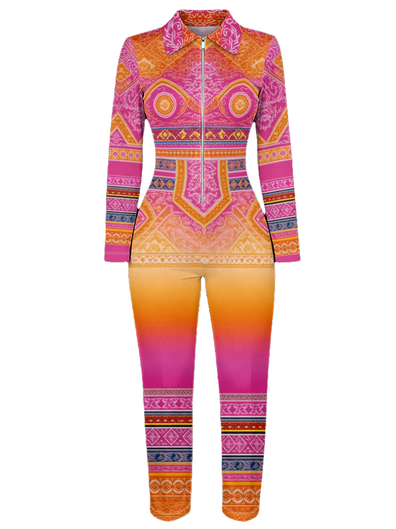 Pink Orange Boho Tribal Long Sleeve Zip-Up Jumpsuit 
