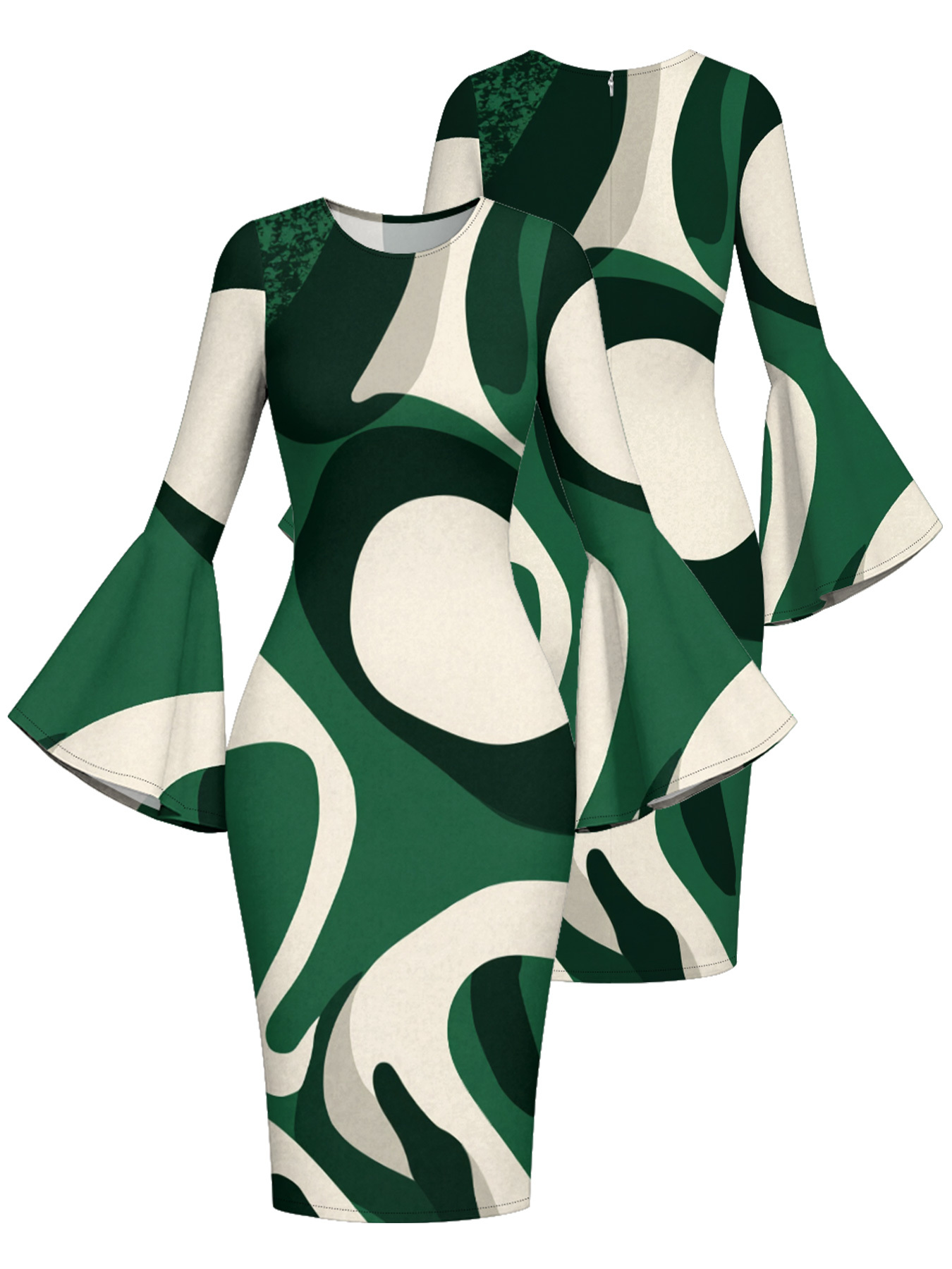 Green & White Abstract Flare Sleeve Bodycon Midi Dress