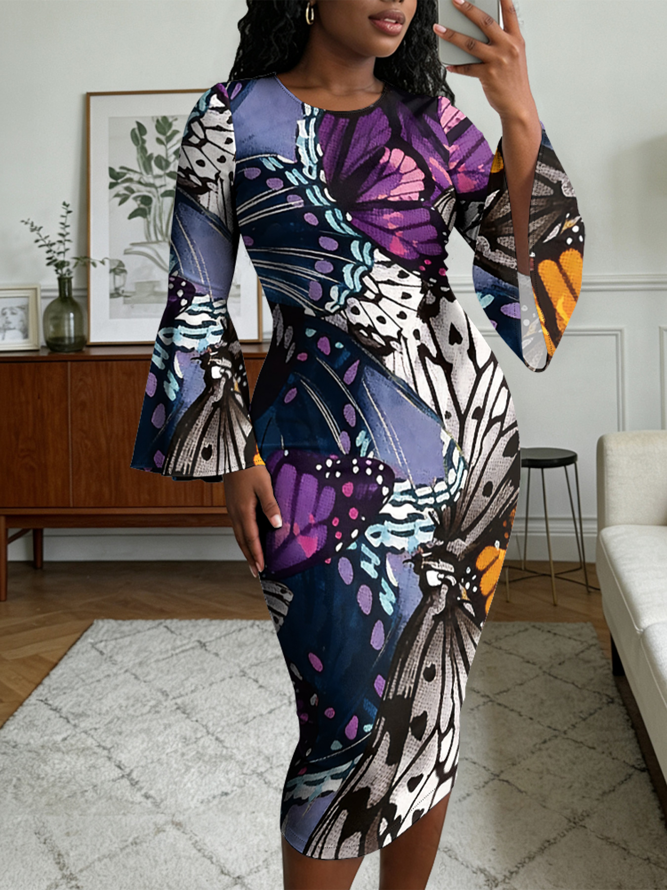 Vibrant Watercolor Butterfly Flare Sleeve Bodycon Midi Dress BHJ6251