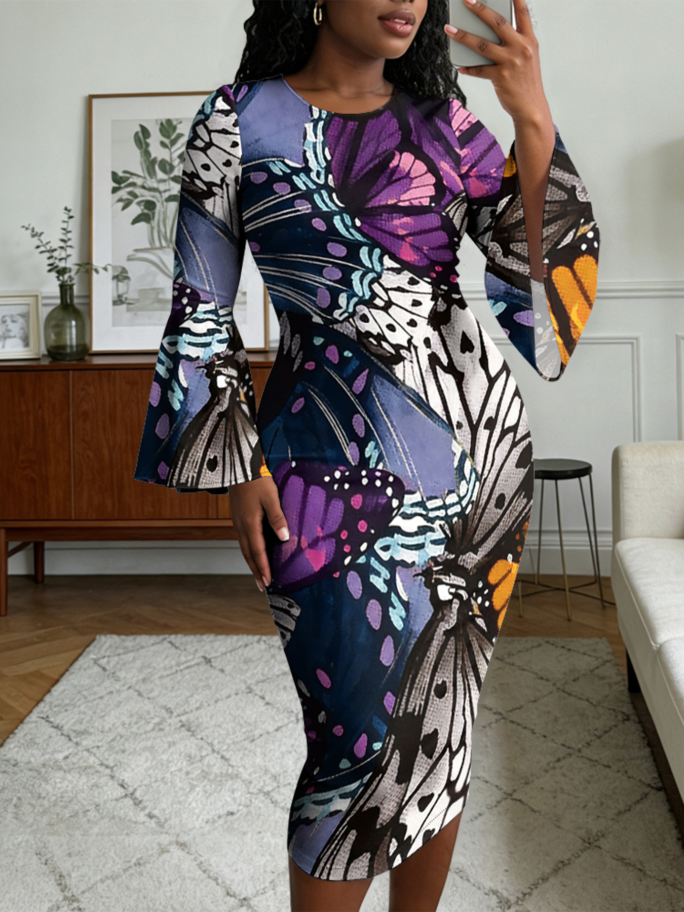 Flare Sleeve Bodycon Midi Dress