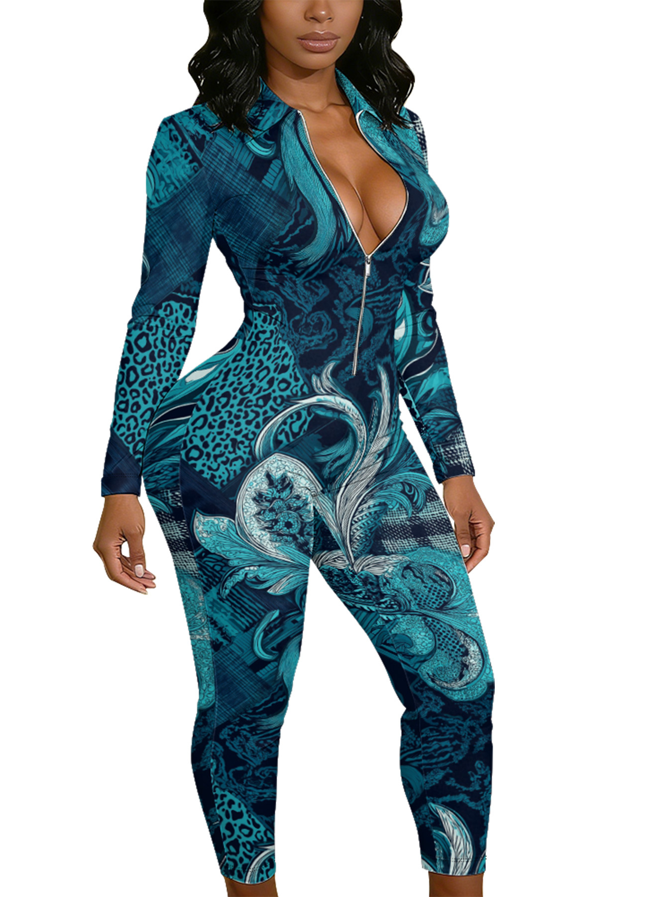 Teal Leopard & Art Nouveau Wave Long Sleeve Zip-Up Jumpsuit 