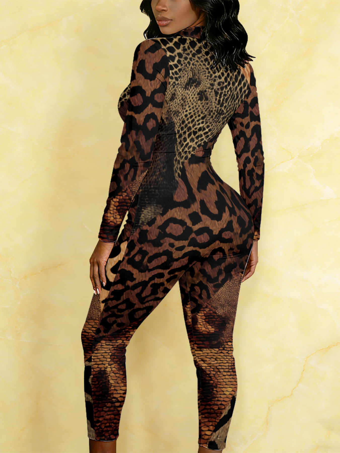 Leopard Snake Print Long Sleeve Zip-Up Jumpsuit