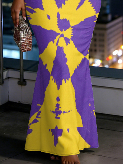Purple & Yellow Tie-Dye Spaghetti Strap Mermaid Dress DXT029