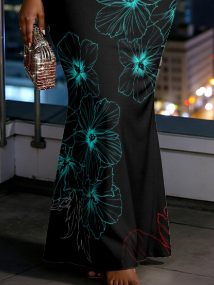 Neon Floral Line Art Spaghetti Strap Mermaid Dress GKNR15824