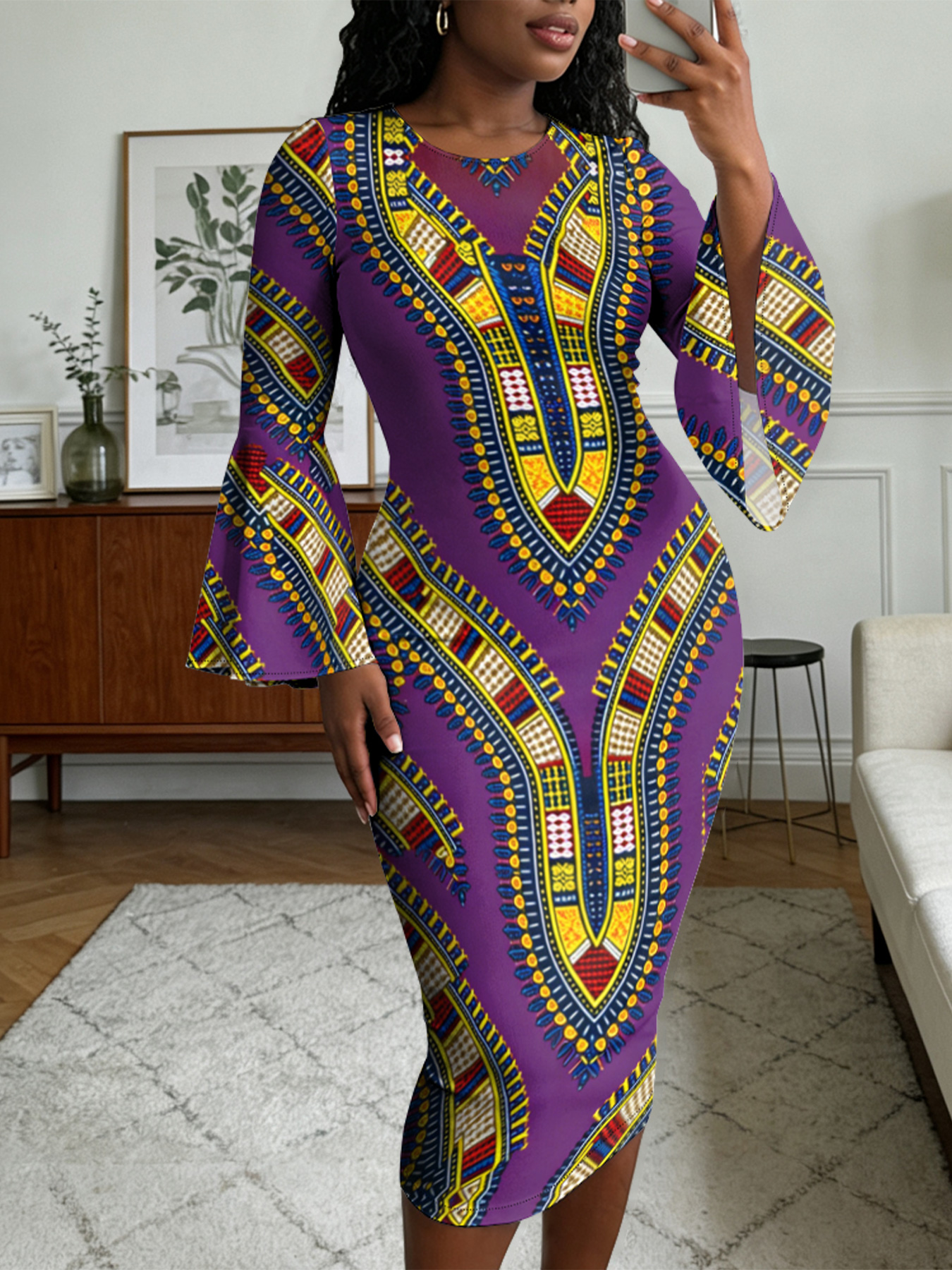 Purple Dashiki Print Bell Flare Sleeve Bodycon Midi Dress