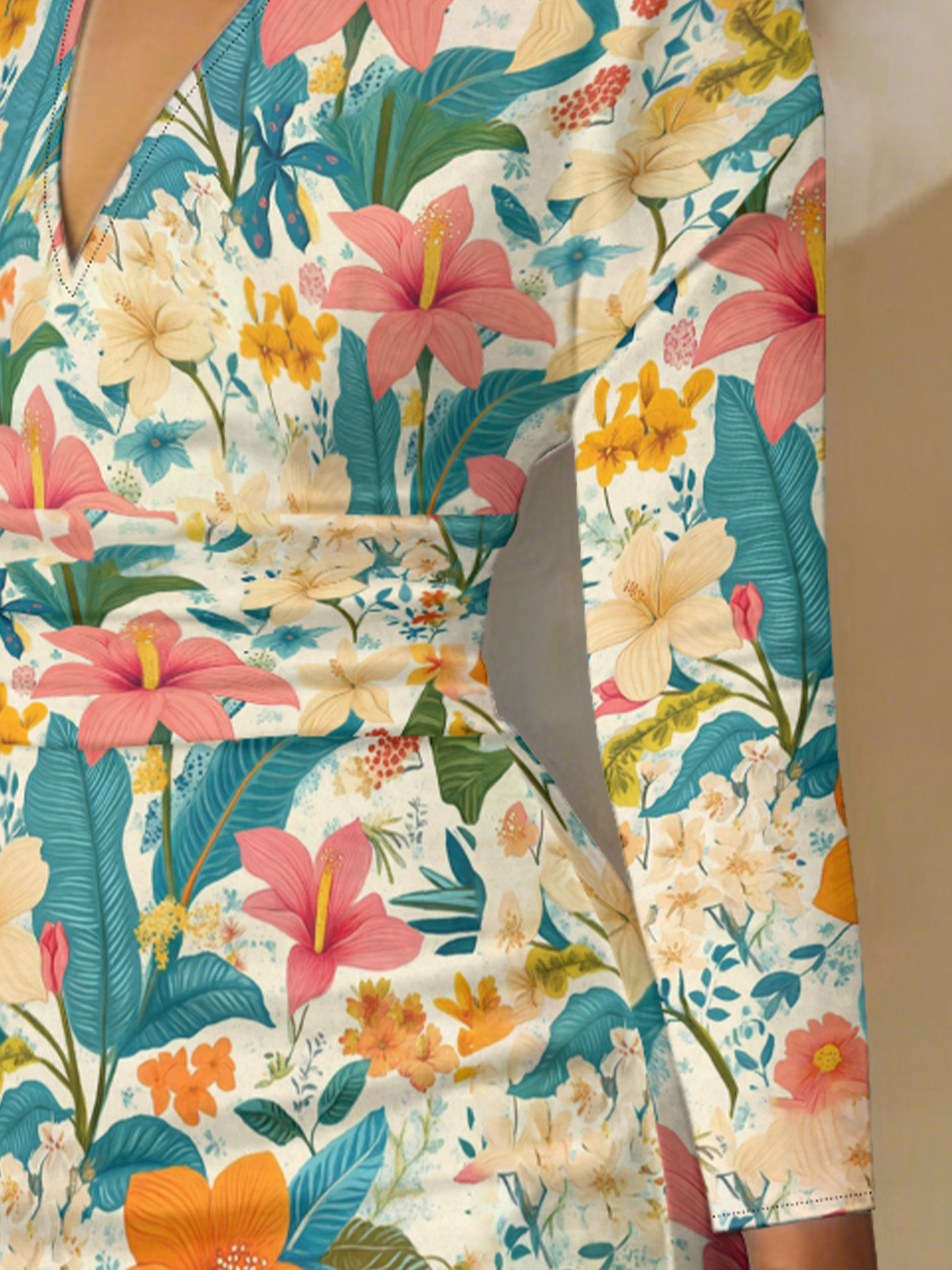 Tropical Floral Wrap V-Neck Bodycon Midi Dress FGK401