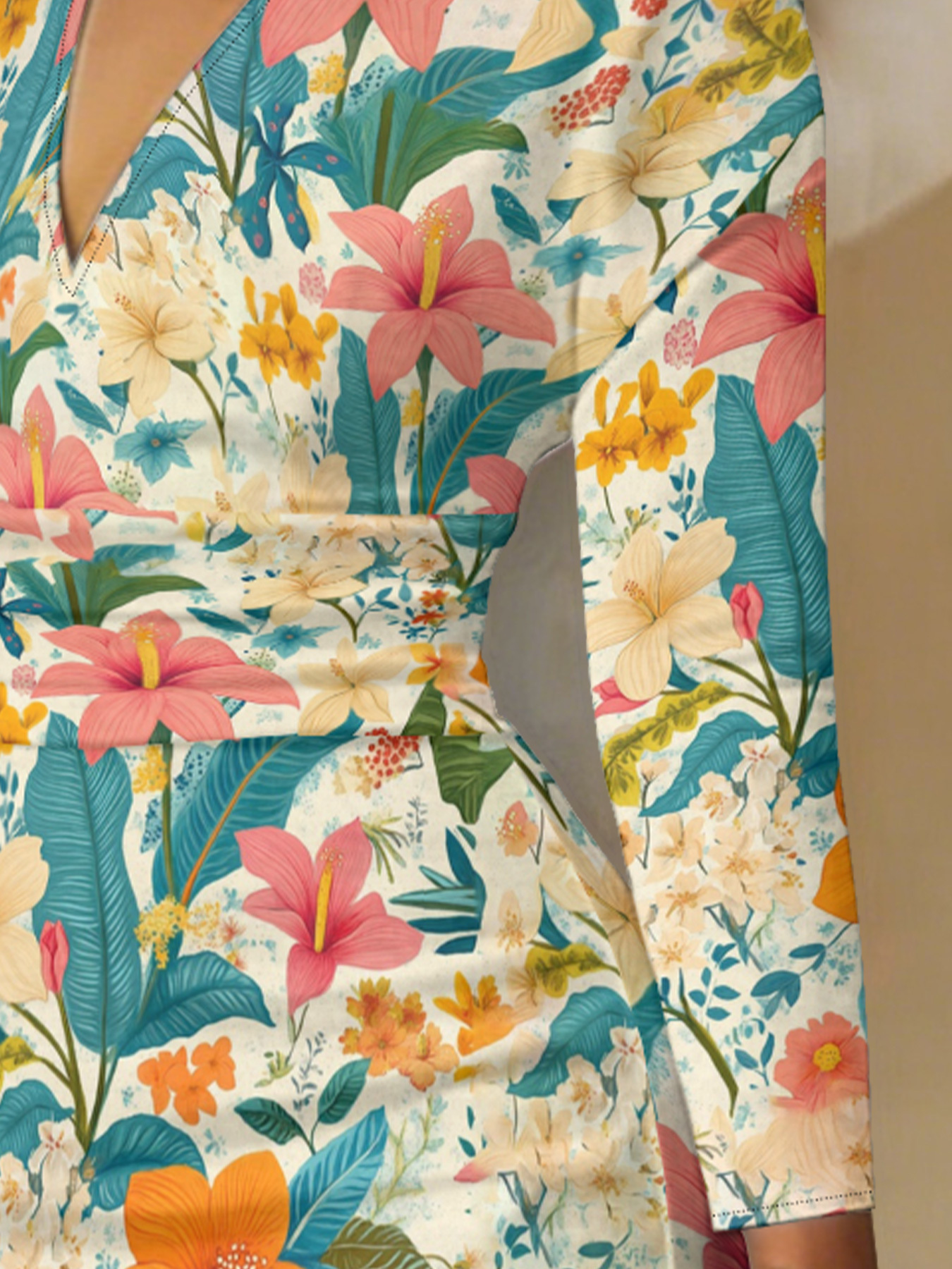 Tropical Floral Wrap V-Neck Bodycon Midi Dress FGK401