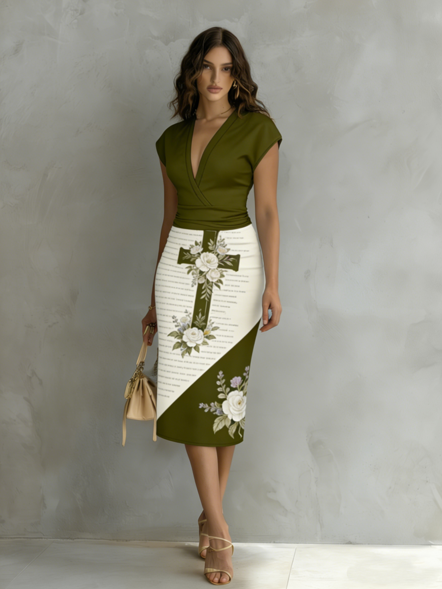 Lady Cap Sleeve V-Neck Midi Dress