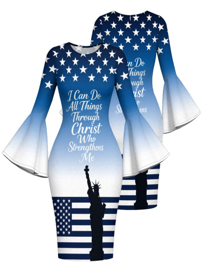 Patriotic Christian Flare Sleeve Bodycon Midi Dress