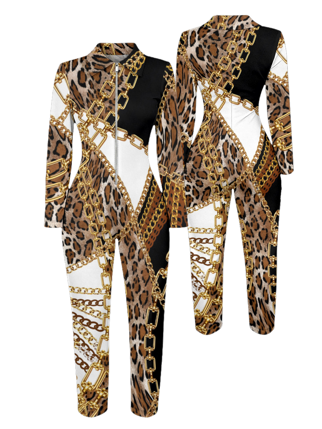 Leopard & Gold Chain Color Block Long Sleeve Zip-Up Jumpsuit 