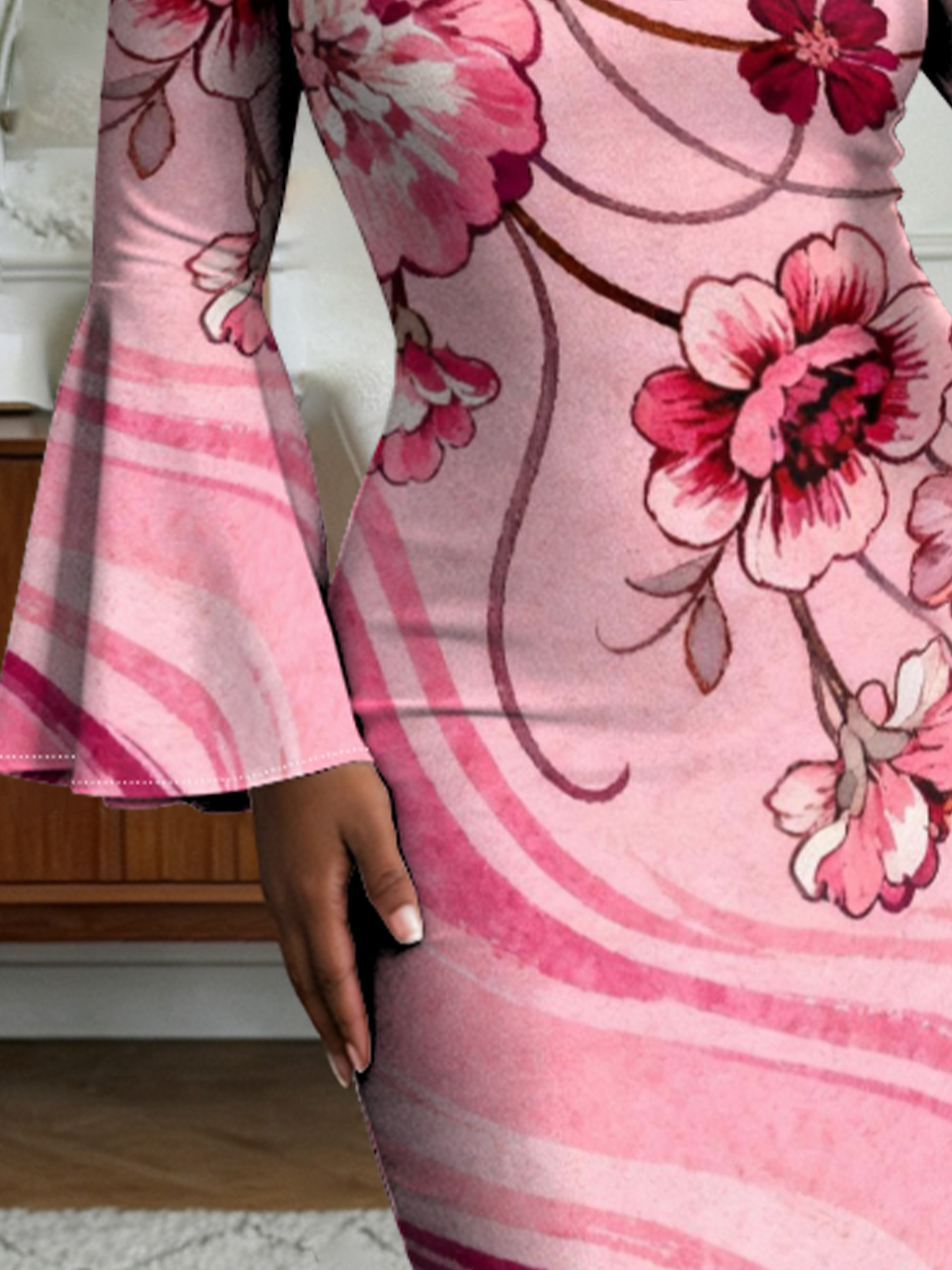 Pink Floral Wave Flare Sleeve Bodycon Midi Dress
