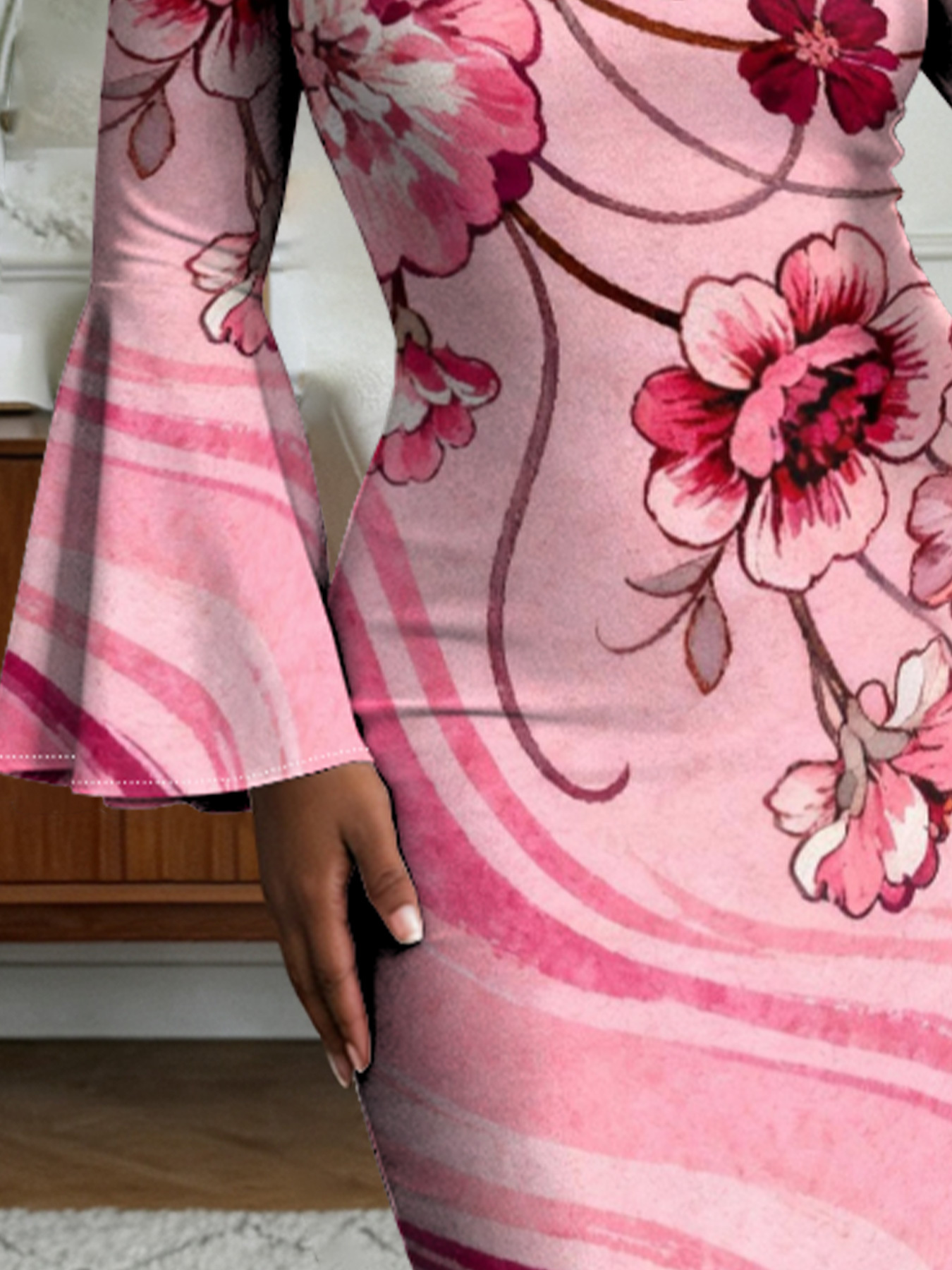 Pink Floral Wave Flare Sleeve Bodycon Midi Dress