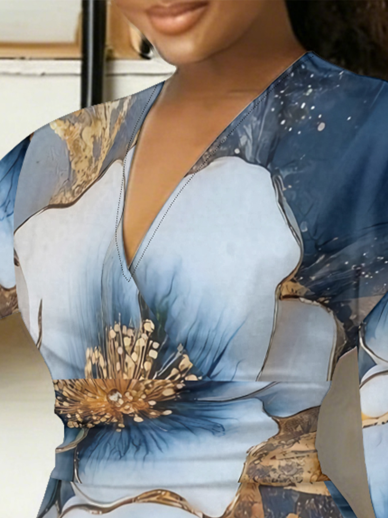 Blue Gold Floral V-Neck Bodycon Midi Dress ABG874