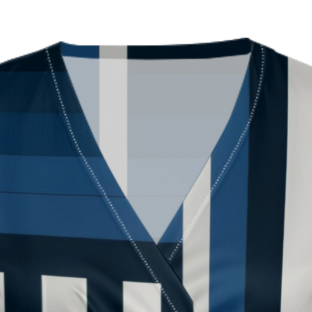 Navy Blue & White Geometric Stripe Striped Cap Sleeve V-Neck Midi Dress ABG134